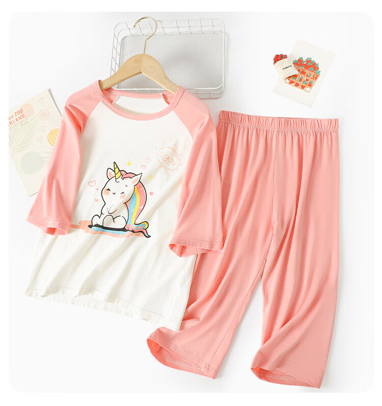 MiiOW Children's Pajama Set, Summer Thin Air Conditioning Wear, Girls' Home Wear for Older Kids, Rainbow Horse Pattern, Size 170 12