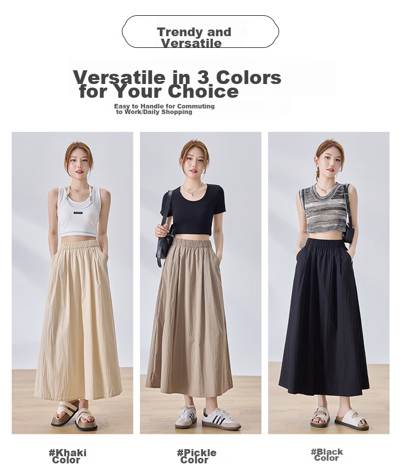 LangSha Women's Midi Skirt, High-Waisted A-Line Summer Dress, Loose Comfortable Breathable Textured Versatile Skirt 4
