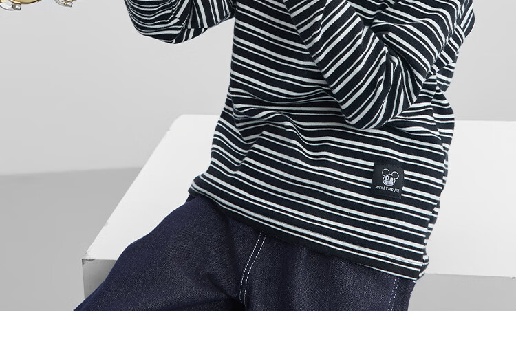 DISNEY Children's Clothing, Boys And Girls Half-Turtleneck Striped Long-Sleeve Top Undershirt, Spring 2025 DB442DE04 Black 120 19