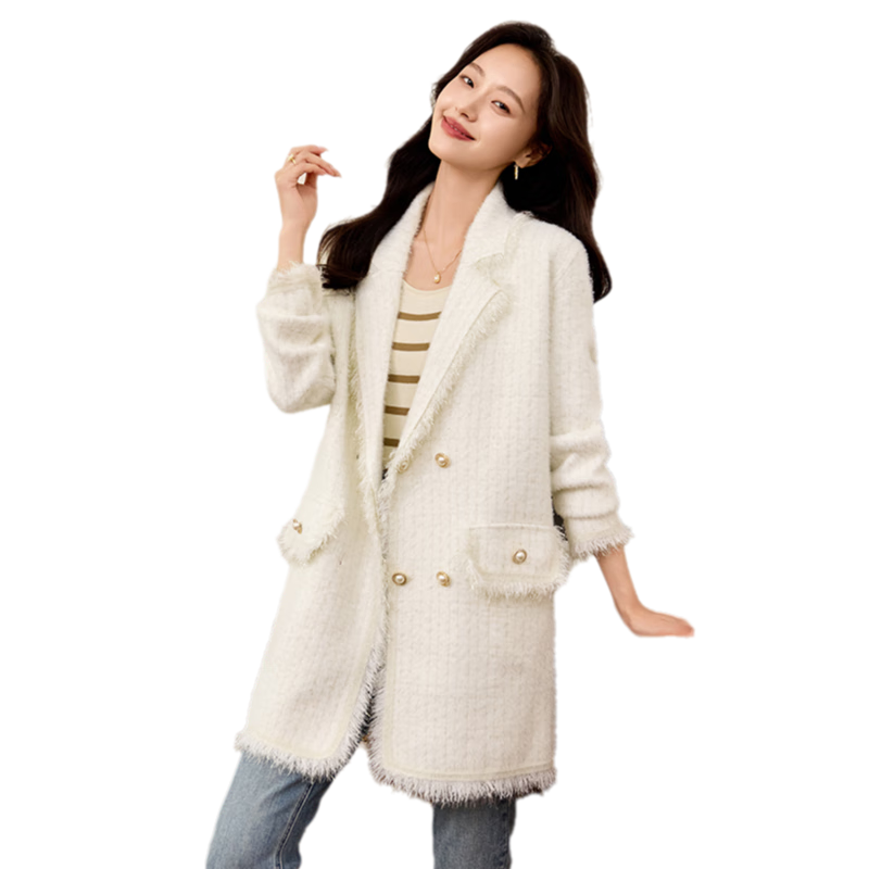 PinCai Women's Small Fragrance Style Mid-Length Elegant Coat Oriental Minimalist Luxury Tassel Jacket P144F6005