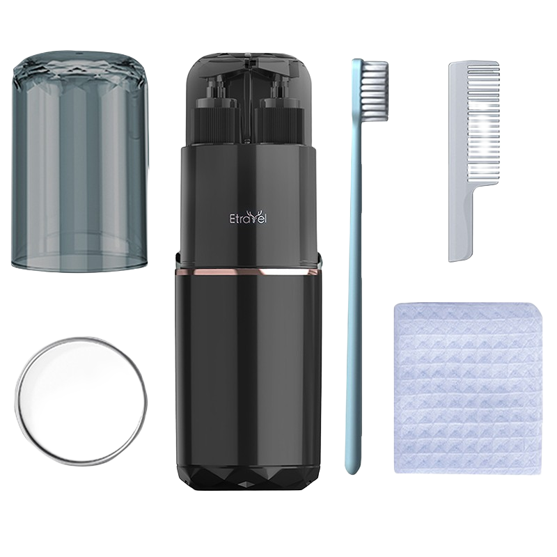 Etravel Travel Toiletry Set, Toiletry Cup, Mouthwash Cup, Business Trip Toiletry Organizer Bag, Dispenser Bottle, Gold-Plated Black 8-Piece Set