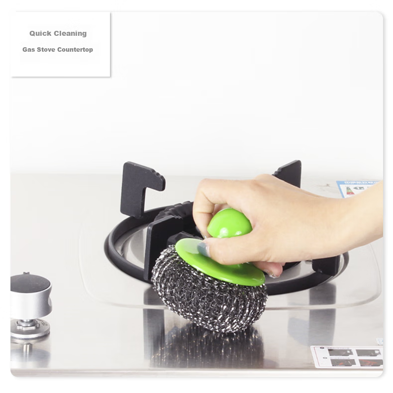 Fuaijia Long Handle Pot Scrubber, Steel Wool Cleaning Ball, Replaceable Steel Wire Ball, Pot Washing Brush Tool, 1 Handle with 6 Brush Heads 7