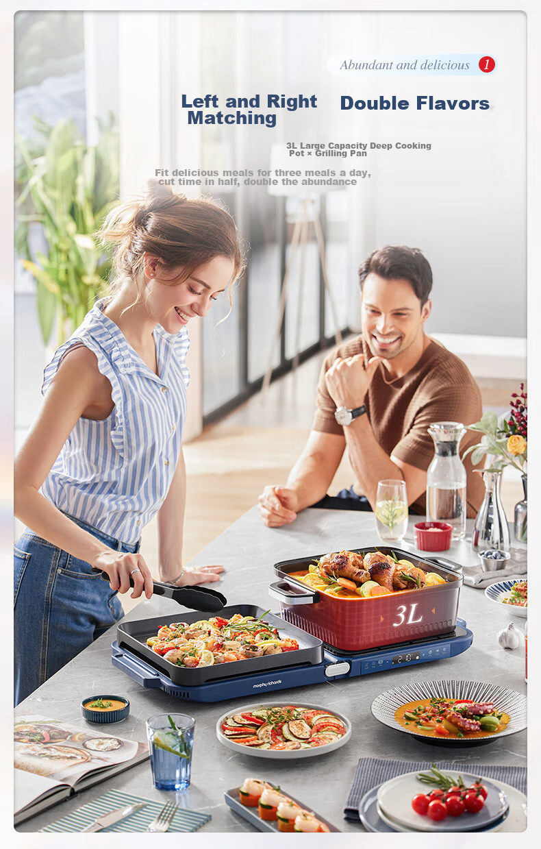 Morphyrichards Third-Generation Foldable Multi-Function Pot, Home Party Barbecue Grill, Electric Griddle, Hot Pot, Electric BBQ Stove, All-In Independent Temperature Control Non-Stick Barbecue Meat Pot MR9188 Blue 3