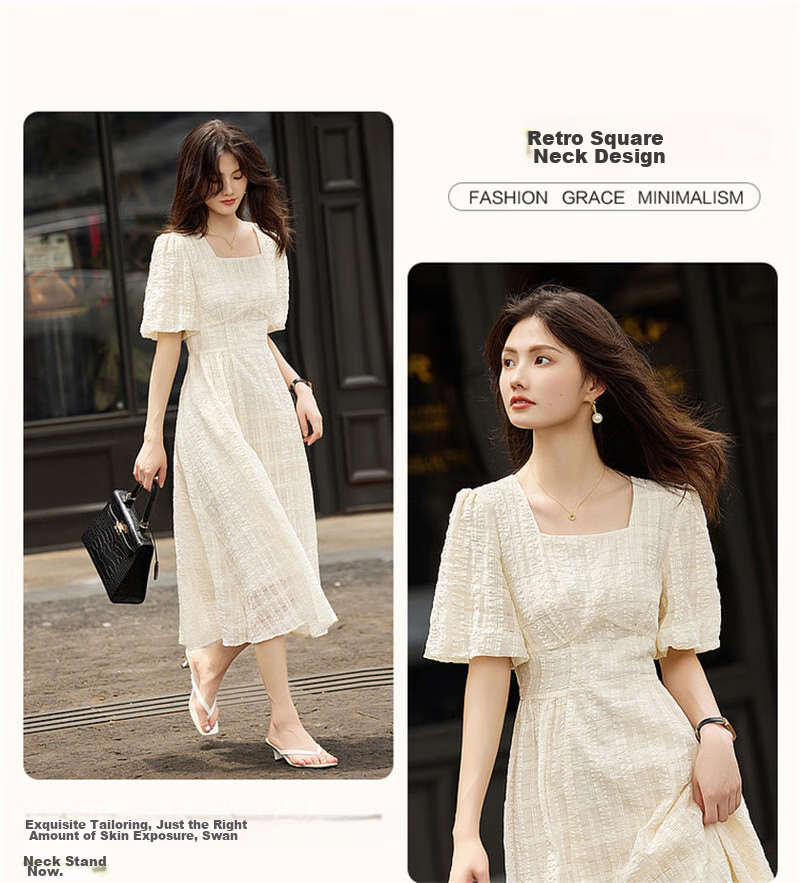 Dme [Commuter Cotton Bright Silk Umbrella Skirt], Summer Style Square Neck Waist-Cinching Puff Sleeve Dress, Long Women's Dress 6