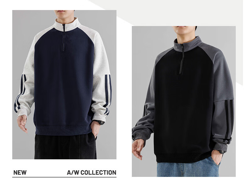MMOPTOP American-Style Half-Zip Sweatshirt for Men, Spring And Autumn Season, Contrasting Color Raglan Sleeve, Loose Casual Top, 8905 Navy Blue L 2