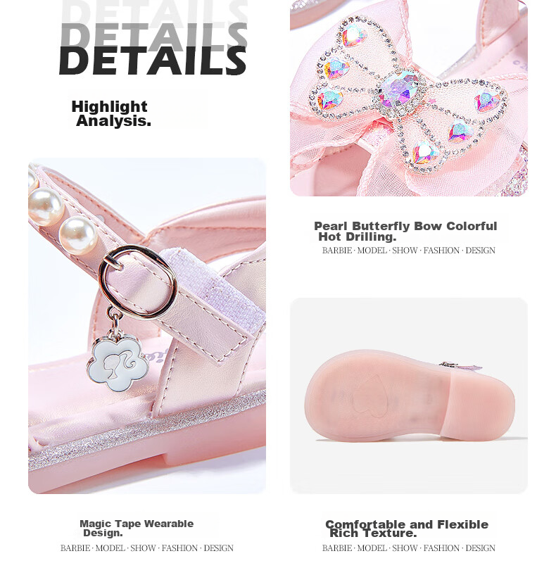 Barbie Children's Shoes, Summer Kids' Sandals, Girls' Butterfly Bow Open-Toe Sandals, Crystal Shoes DA5939, Light Purple, Size 28 6