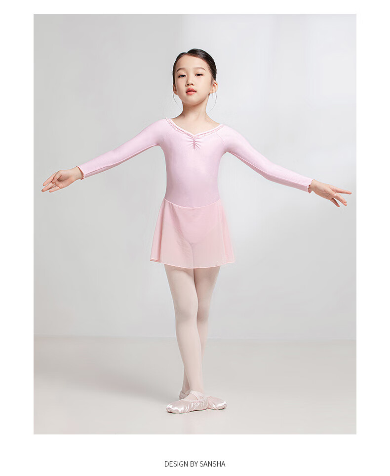 Sansha Ballet Practice Dress, Children's Dance Costume Long-Sleeve Dress Chiffon V-Neck Lace Bodysuit Dress, Light Blue, M 10