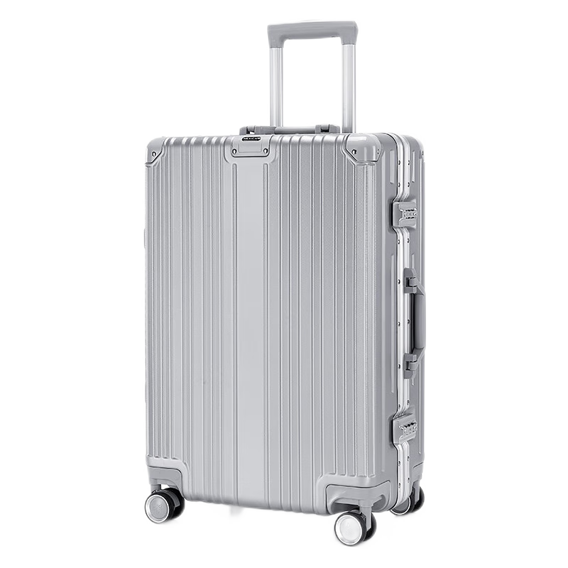 MEXICAN Aluminum Frame Suitcase, Unisex 24-Inch Trolley Case with Password Lock, Travel Luggage for Business Trips, Leather Suitcase, Check-In Luggage, Silver Color
