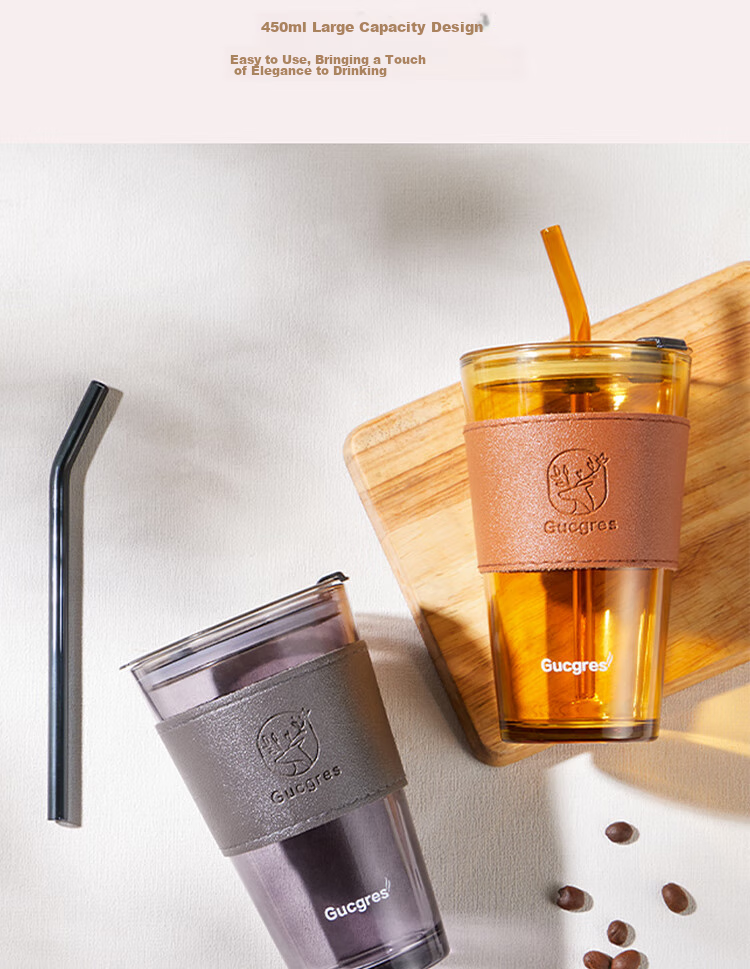 BJ Glass Water Cup, Bamboo Joint Cup with Straw, Water Cup with Lid, Coffee Mug, Gift Glass Beverage Cup, 450ML 11