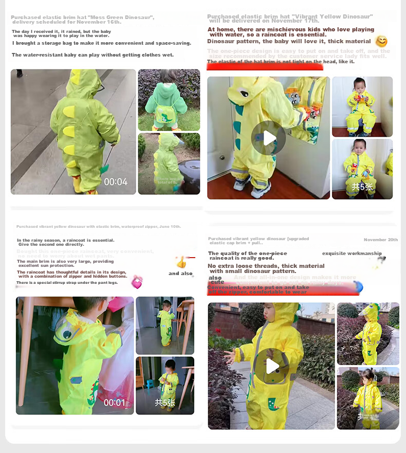 Moremerry Children's Raincoat, One-Piece Suit for Boys, Waterproof Full-Body, for Kindergarten Girls And Toddlers, Moss Green Dinosaur Pattern, XL Size 43