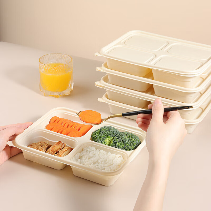 BJ Corn Starch Disposable Food Containers, Biodegradable Microwaveable Lunch Boxes with Lids, Takeout Meal Boxes, 4 Compartments * 200 Sets