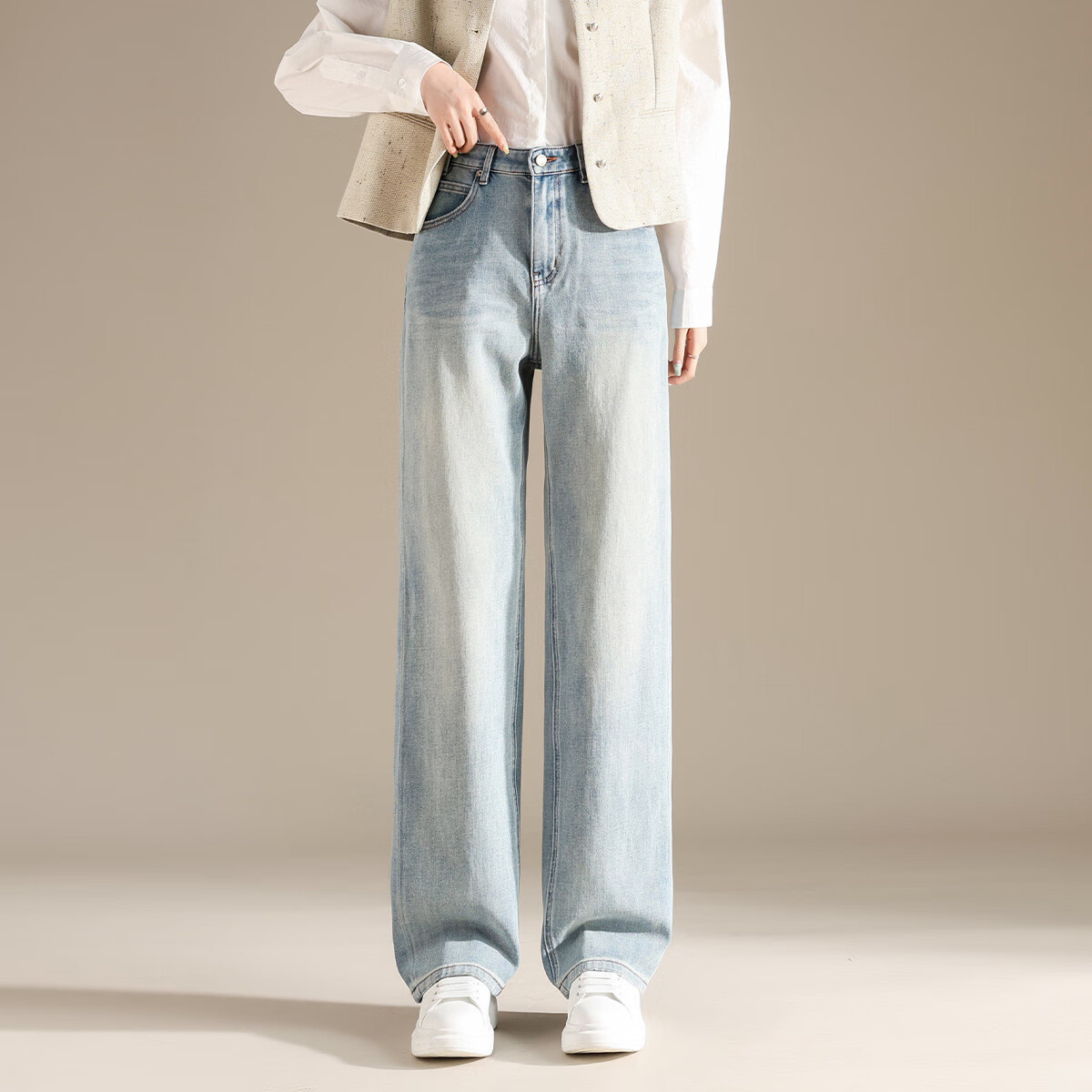 RAIN.CUN Casual Slimming Straight-Leg Jeans for Women, 2024 High-Waisted Loose Wide-Leg Pants, Long Trousers