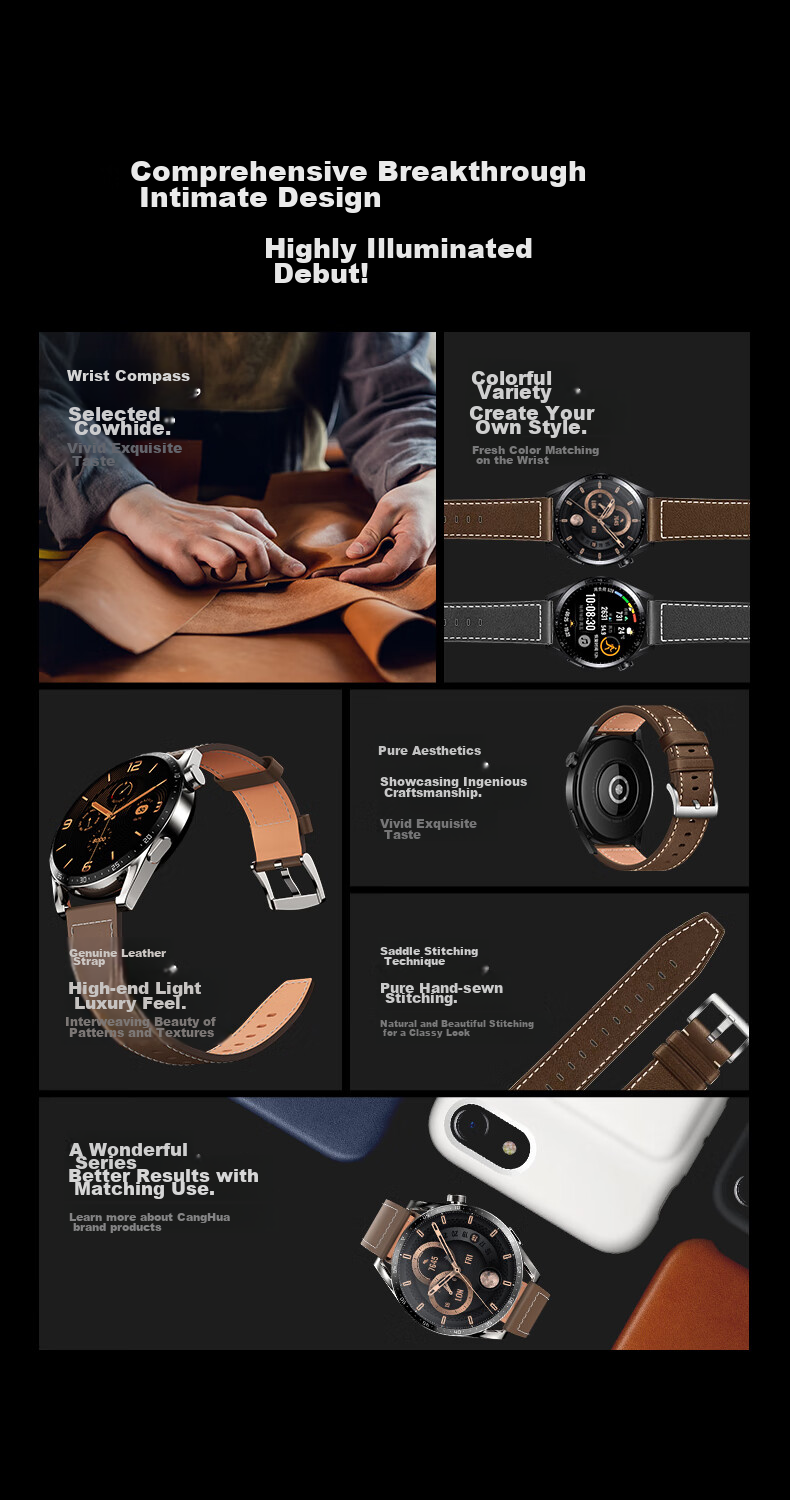 CangHua Leather Watch Strap Compatible with OPPO Watch X3/X2/X/XS/S2/4 Pro, OnePlus Watch 2, Small Calfskin Fashion Band, Brow 3