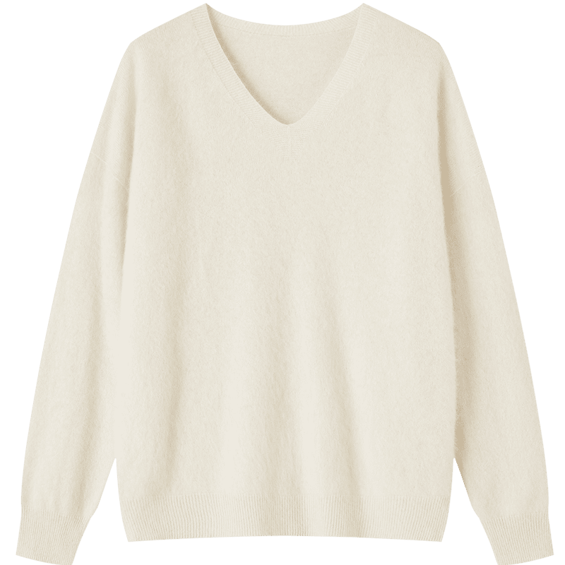 Dme 【Voluminous Merino Wool】Winter V-Neck Drop Shoulder Ribbed Fleece Knit Sweater for Women