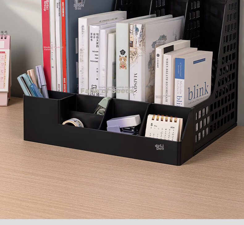 Deli File Organizer, Morandi Desktop Storage Box, Office Report Bookshelf, Student Book Stand, File Basket, Storage Rack with Built-In Pen Holder, White 2