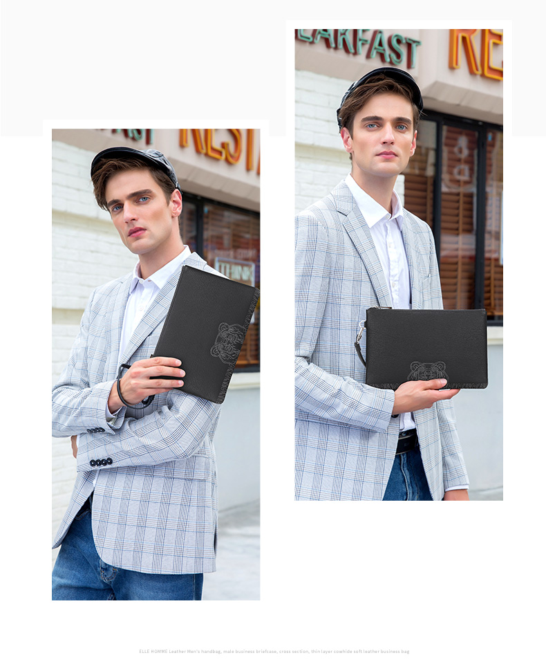 ELLE HOMME Business Boutique Same Style Clutch Bag, Men's Top-Grain Leather Handbag, Tiger Head Embroidery Large Capacity Casual Handbag Envelope Bag EB058701401 Black, Birthday Gift for Boyfriend 2