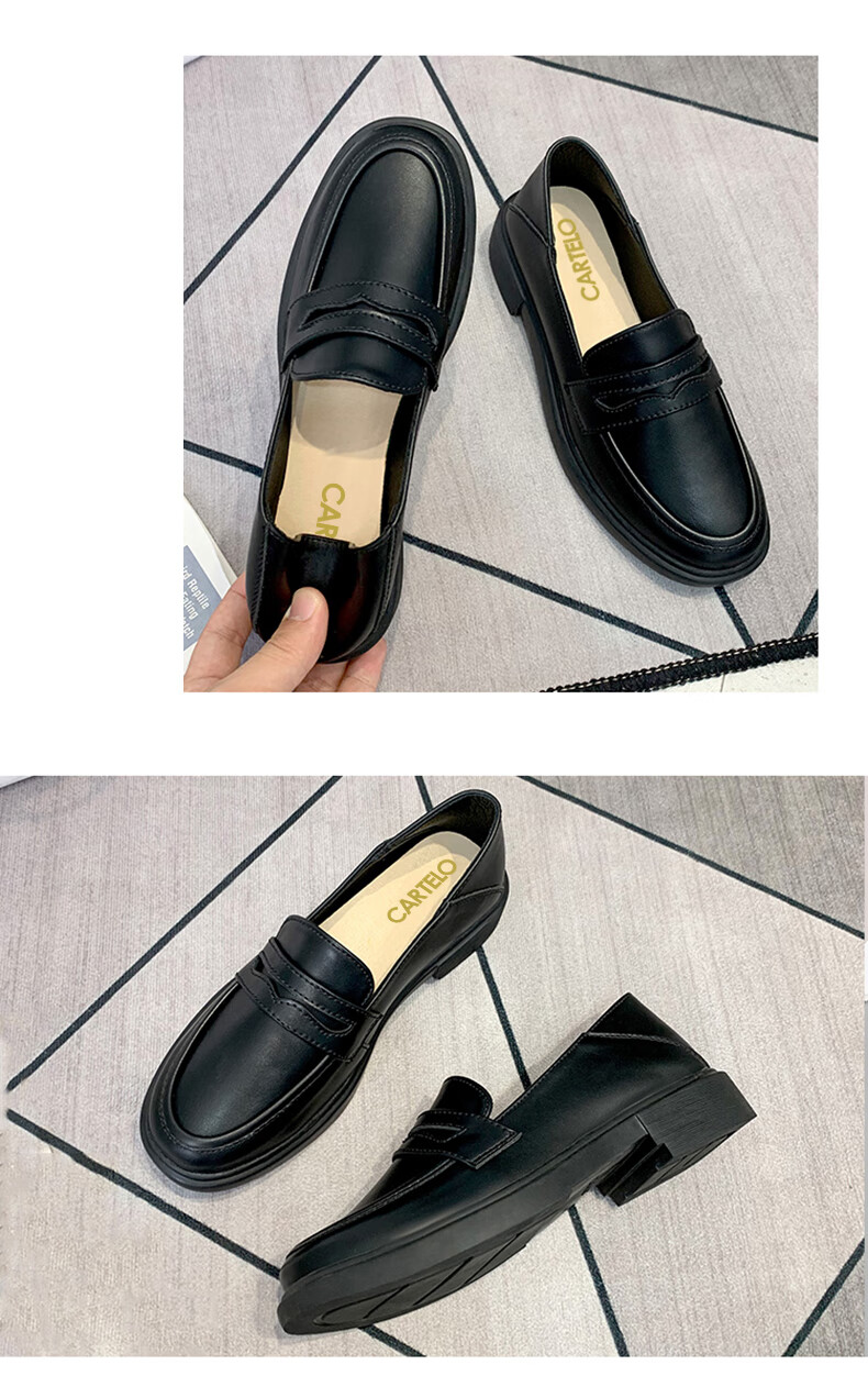 CARTELO Women's Slip-On Leather Shoes, Black British Style Loafers, KDLYJ-WF120, Black, Size 36 9
