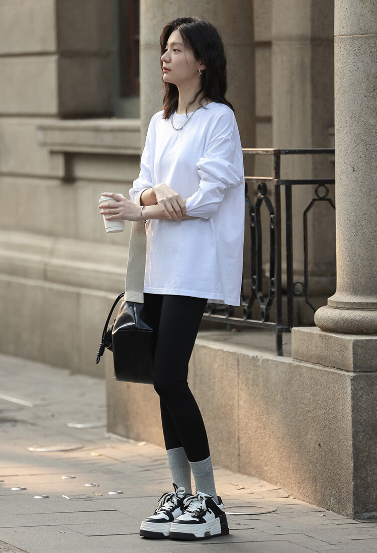 TUCANO Long-Sleeve Base Shirt for Women, Pure Cotton Heavyweight T-Shirt, Regular Shoulder Loose Fit Versatile Slimming Spring And Autumn Casual Top, White, XL 7