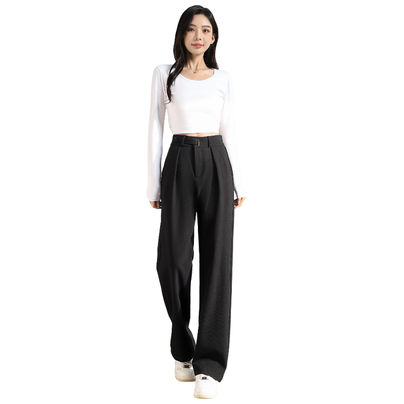 FitonTon Women's Black Early Autumn 2025 Draped Elegant Casual Wide-Leg Straight-Leg Trousers
