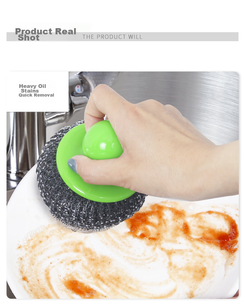 Fuaijia Long Handle Pot Scrubber, Steel Wool Cleaning Ball, Replaceable Steel Wire Ball, Pot Washing Brush Tool, 1 Handle with 6 Brush Heads 5