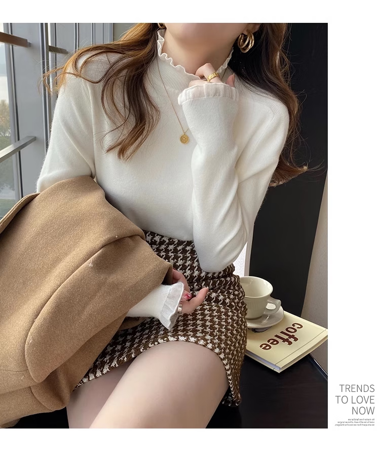 YUZHAOLIN Lace Semi-Turtleneck Base Layer Women's Inner Knit Sweater, Slim Fit, Unique Design, Long-Sleeve Top, White 12