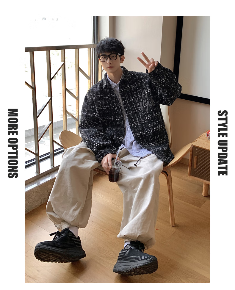 Foss Phil Men's Jacket, Spring And Autumn Fashion Brand Chanel-Style Coat, Plaid Lapel, Korean Version Loose Outerwear, FPJK10 Black M 1