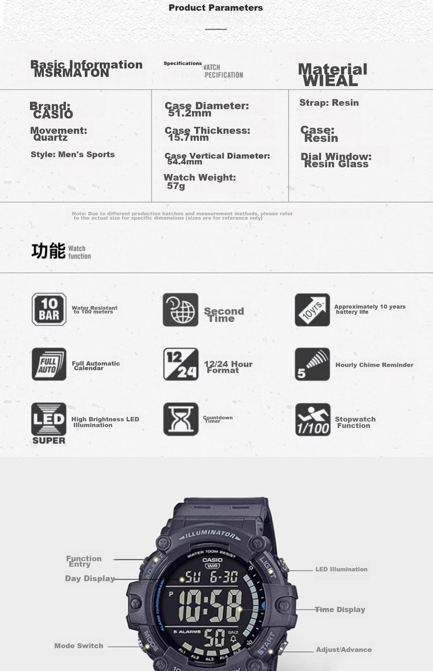 Casio Watch for Men, Large Digital Display, Sports, High School Students, Unisex Watch, Electronic Watch, Gift, AE-1500WH 4