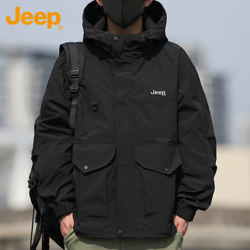 JEEP Men's Jacket, Spring And Autumn Outerwear, Trendy Casual Loose Workwear Clothing for Men, Black, Size M