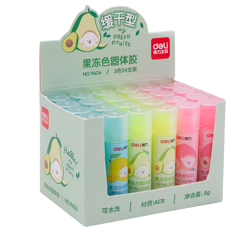 Deli 8g ACR Solid Glue Stick, High Viscosity Eco-Friendly Formaldehyde-Free Jelly Color Transparent Children's Glue Stick, 3 Colors Washable, Student Stationery, 24-Pack, 9626
