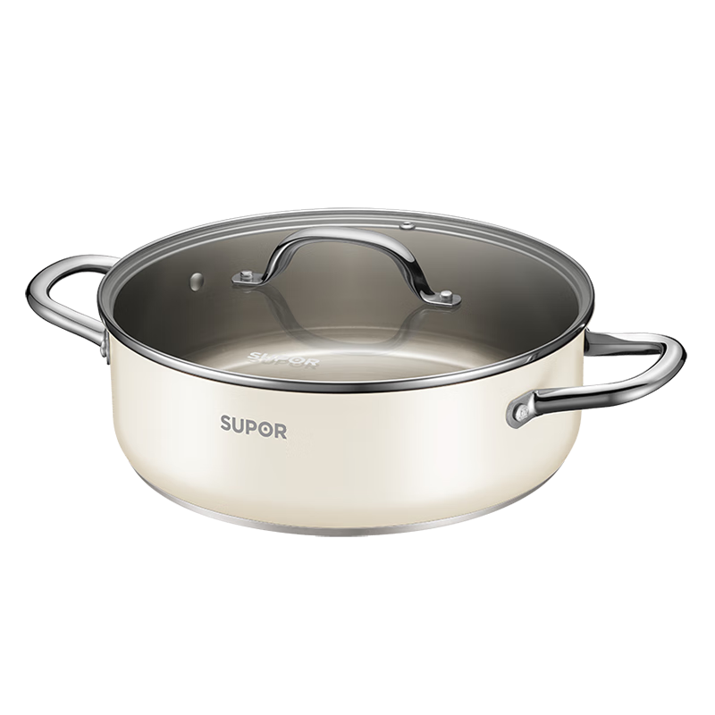 SUPOR 304 Stainless Steel Hot Pot, 5.0L Double Bottom, Suitable for Gas And Induction Stoves, Soup Pot, 28cm, White, ST28AA6-W