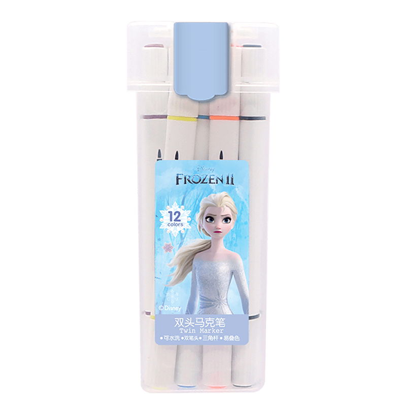 Disney 12-Color Marker Set, Drawing Pens with Dual Tips, Quick-Drying Water-Based, for Elementary School Students, Children's Kindergarten Cartoon Watercolor Pens, Elsa Princess Watercolor Pens