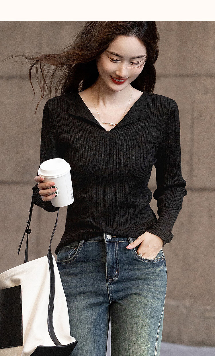 Dme [French Workplace OOTD] Summer Cloud-Feel Lightweight Lapel Sweater, Simple Style Long-Sleeve Knit Top for Wome 18