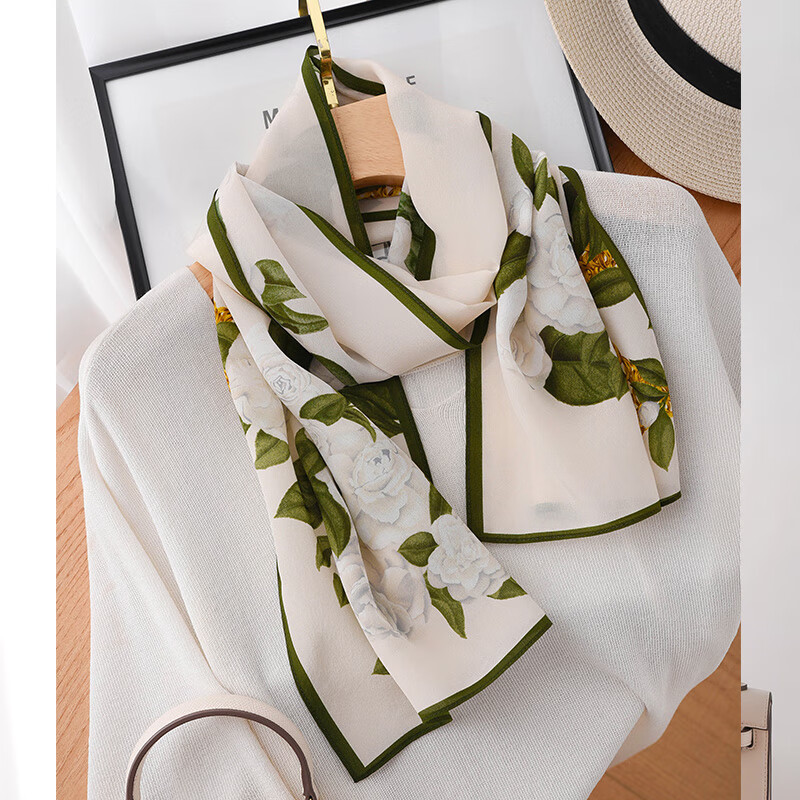 Hangsifu Silk Scarf Shawl Wrap Neckwear, Birthday Gift Box for Mom, Practical Ladies' Gift, Green And White