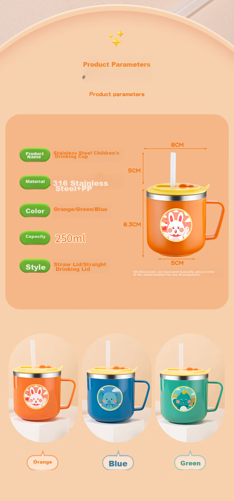COOKSS Children's Water Cup Milk Cup 316 Stainless Steel Training Cup for Babies 1-3 Years Old with Straw And Scale Markings Gree 13