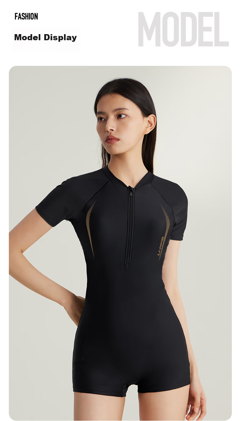Li-Ning One-Piece Swimsuit for Women, Square-Leg Swimming Costume, Professional Athletic Conservative Slimming Hot Spring Swimwear, 7561 Black Gold XXXL 12