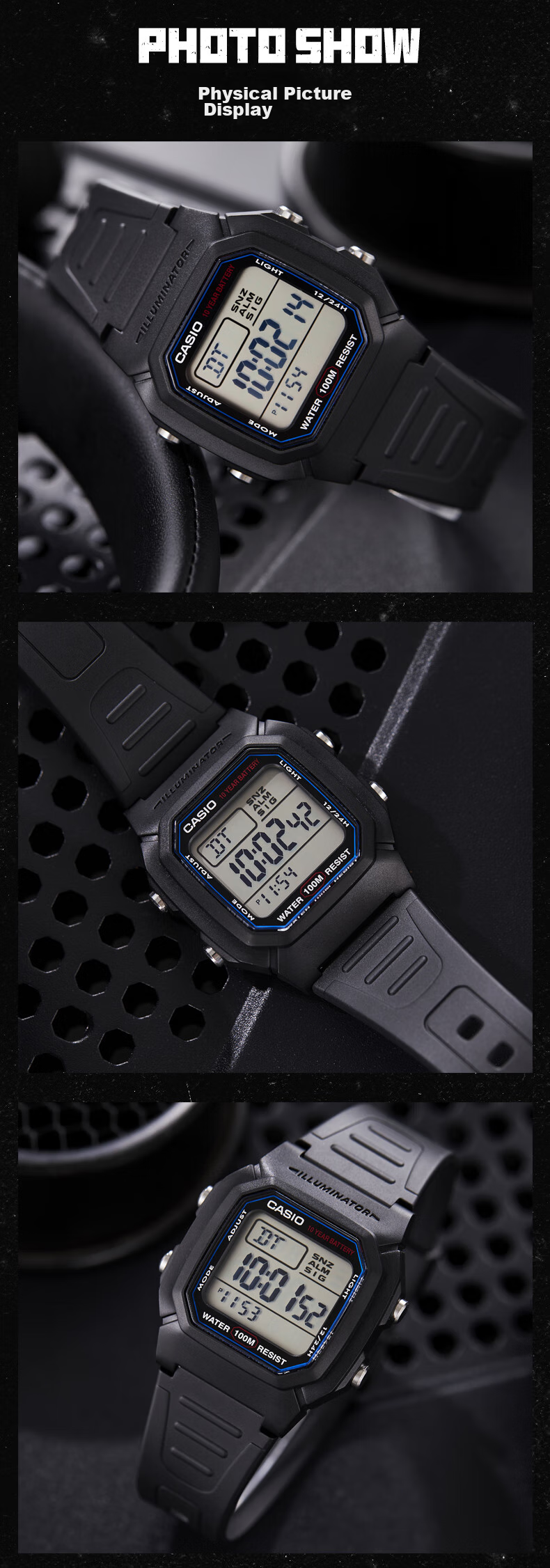 CASIO Men's Small Square Series Outdoor Waterproof Sports Student Watch Luminous Digital Watch Gift for Boyfriend W-96H-1B 4