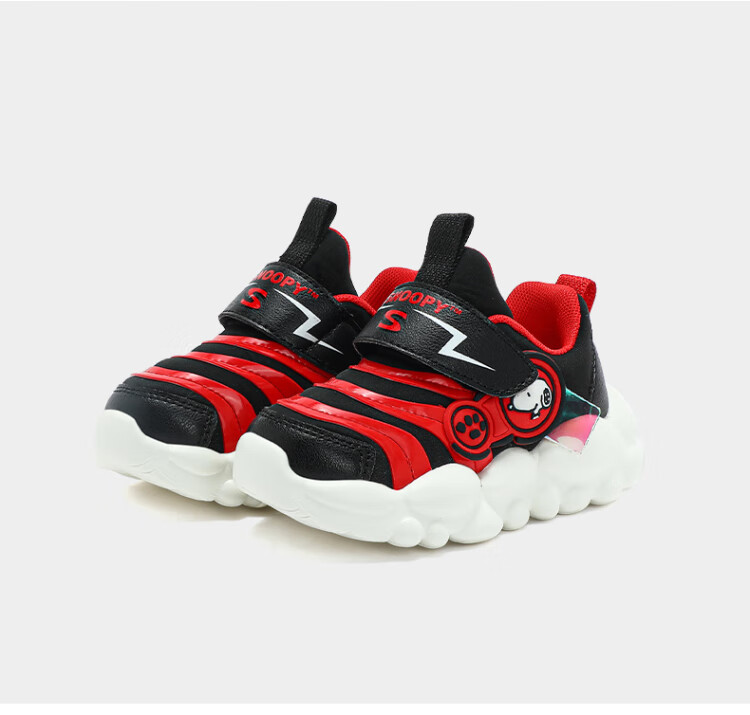 SNOOPY Boys' Sneakers, Children's Sports Shoes, Baby Running Shoes, Wear-Resistant Shock-Absorbing Caterpillar Shoes, 2032 Black And Red, Size 29 11