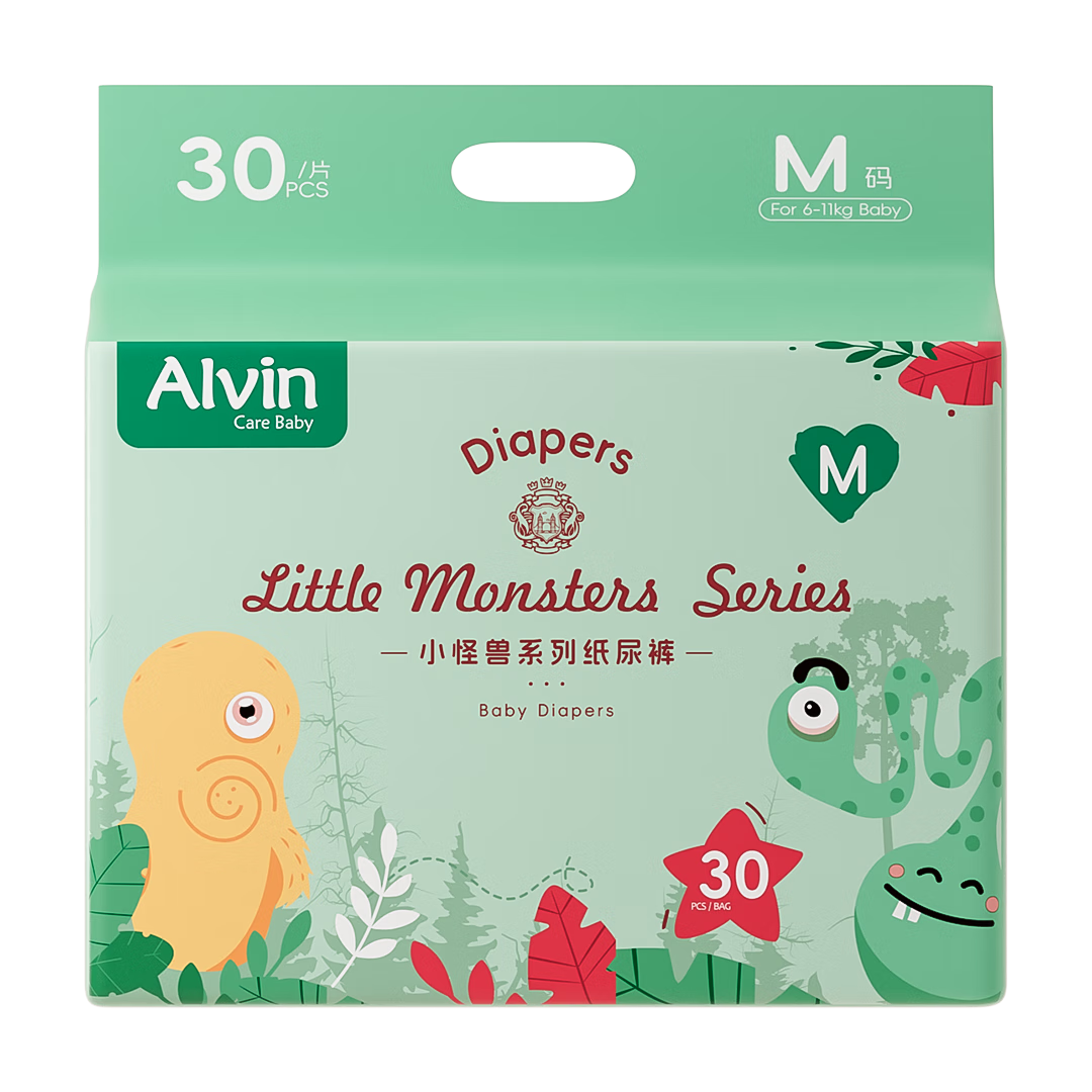 Aiweier Alvin [No Carbamide Amide Detected] Little Monster Ultra-Thin Instant-Absorbing Bare-Feel Diapers, Size M, 60 Pieces