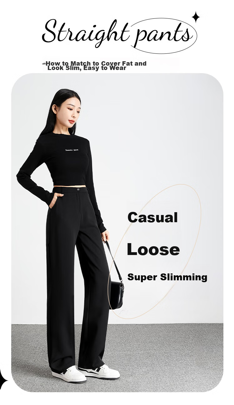 FitonTon Women's Suit Pants, Spring And Summer Slimming High-Waist Draping Floor-Length Trousers, Loose Straight-Leg Business Casual Wide-Leg Pants 10