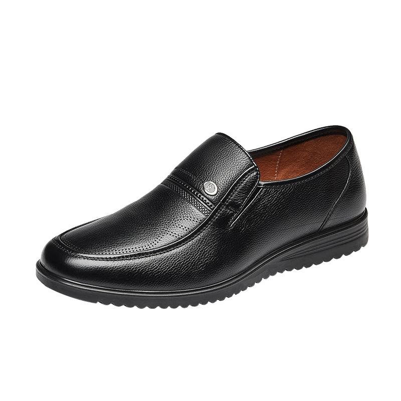 Kangnai Men's Leather Shoes, Round Toe Slip-On Formal Shoes, Lightweight Comfortable Loafers, Middle-Aged And Elderly Business Casual Shoes, Black, Size 40