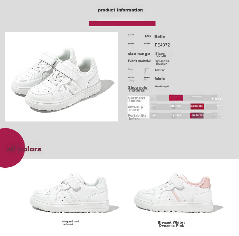 Belle Children's Shoes, Kids' Sneakers, White Shoes for Boys And Girls, Breathable Sports Shoes, Spring And Autumn School Casual Shoes, White Color, Size 37 11