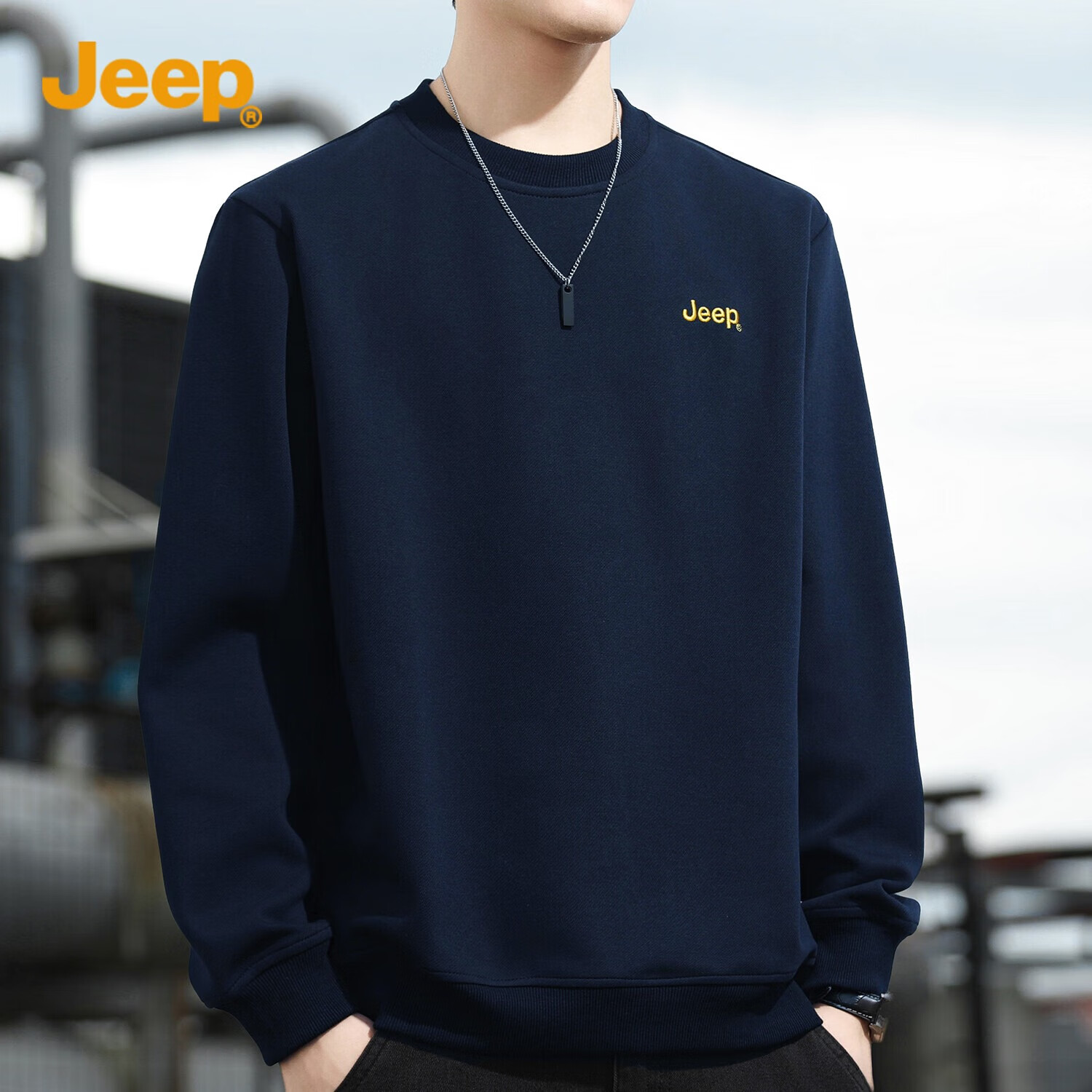 JEEP Sweatshirt for Men, Loose Embroidered Crew Neck Long-Sleeve T-Shirt, Casual Sportswear for Men's Clothing 102, Navy Blue, Size L