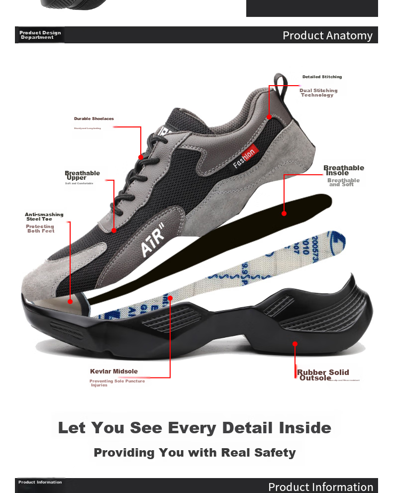 FUCHENG Safety Shoes for Men, Summer Breathable Lightweight Steel Toe Anti-Smashing Anti-Puncture Comfortable Wear-Resistant Work Safety Protective Shoes 359 Size 42 7