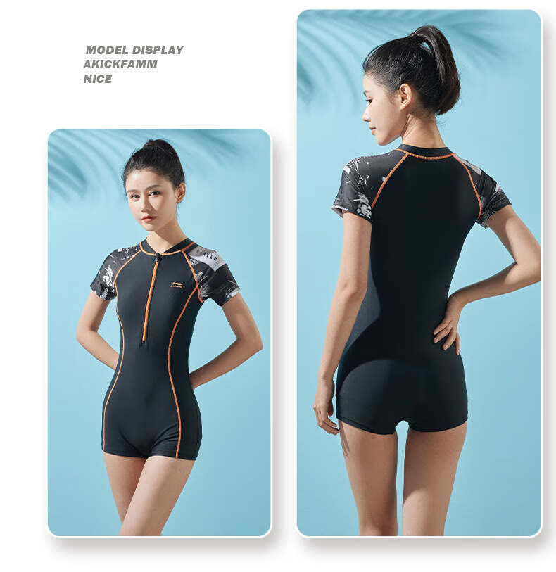LI-NING Women's Professional One-Piece Swimwear, Square Leg, Tummy Control, Slim Fit, High Elasticity, Spa Resort Swimsuit 062 Black Floral 3XL 12