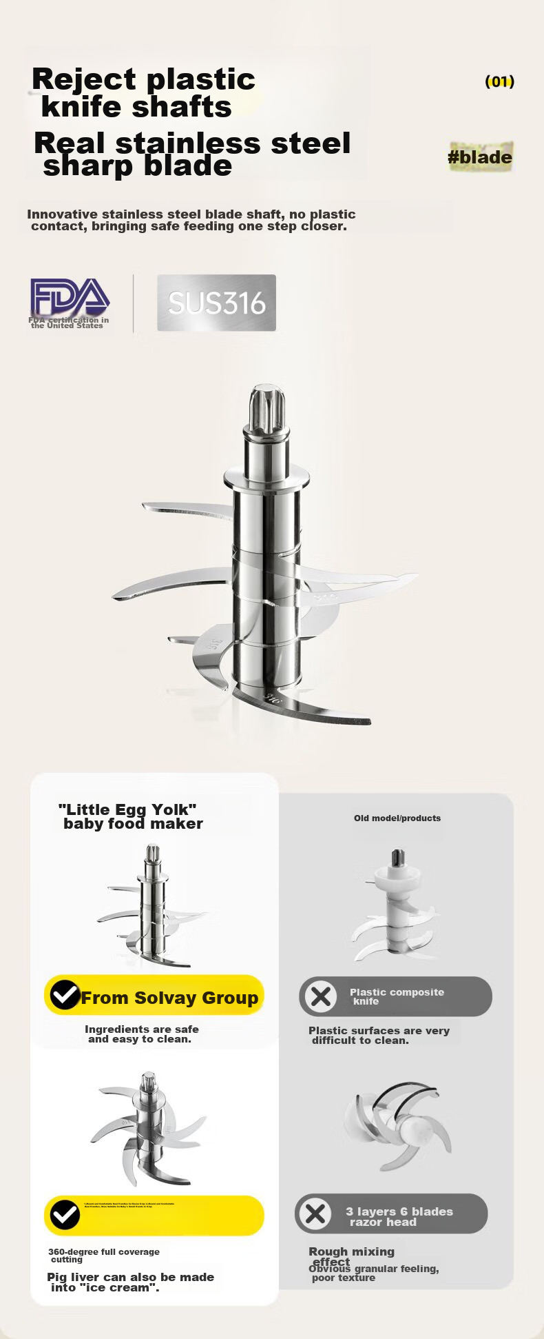 Mamahome Baby Food Processor, Stainless Steel Blade Shaft, Multifunctional Meat Grinder Blender Mincer, Dual Cups Dual Blades 11