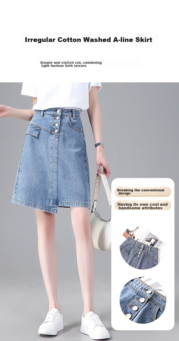 Dme [Irregular Cotton A-Line Skirt] Summer Washed Pocket Zipper Denim Midi Skirt for Women, Medium Denim Blue, L 3