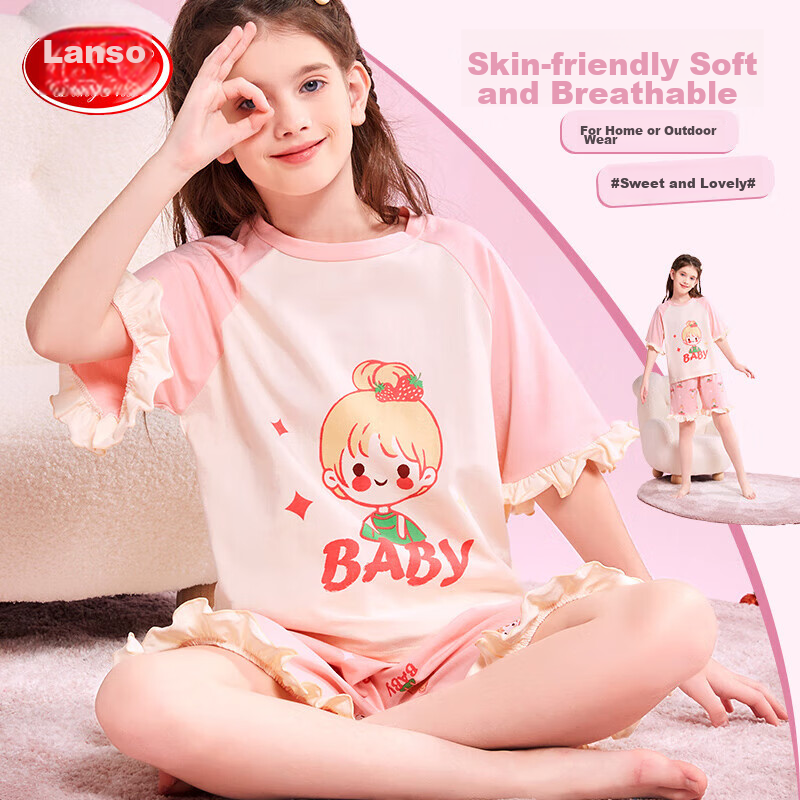LangSha Children's Pajamas, Girls' Summer Thin Pure Cotton Sleepwear for Older Children And Teenage Girls, Short-Sleeve Home Wear Set, Pink, Size 130