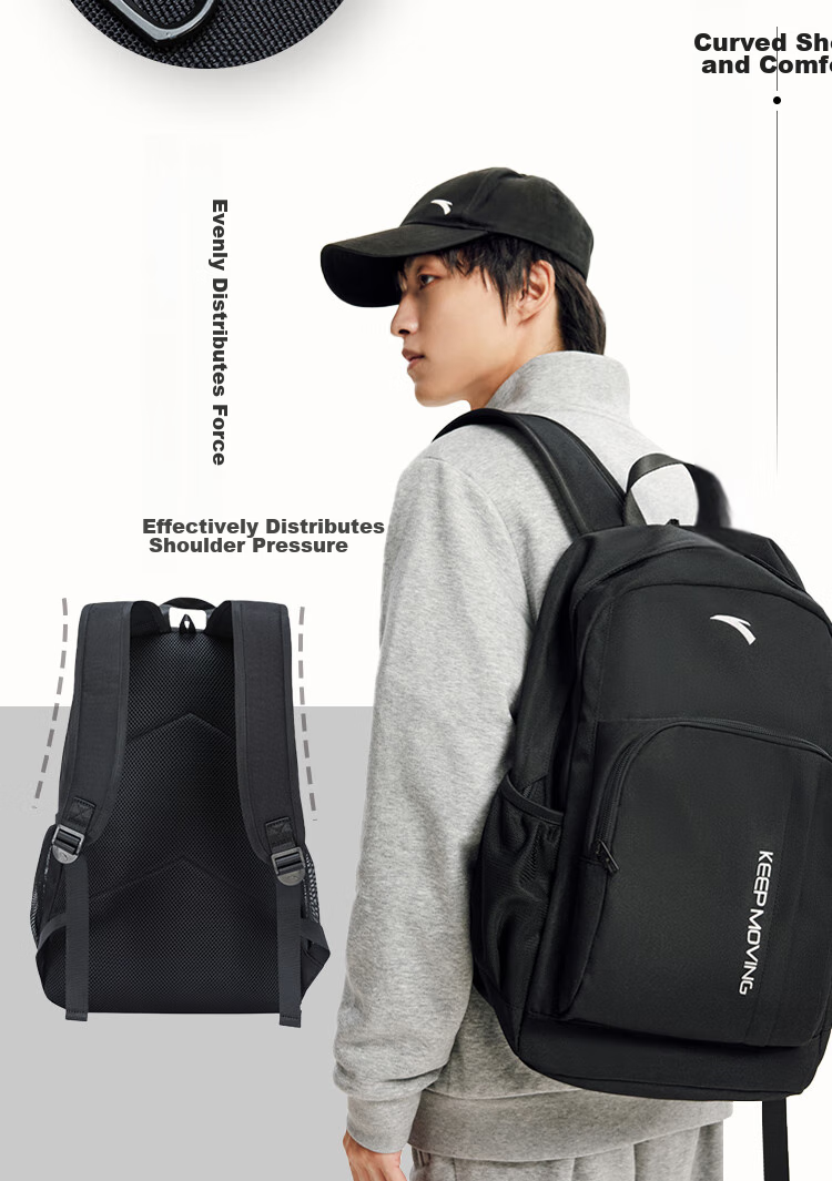 Anta Walker Black Backpack Unisex Student School Bag Laptop Sports Travel Bag 5
