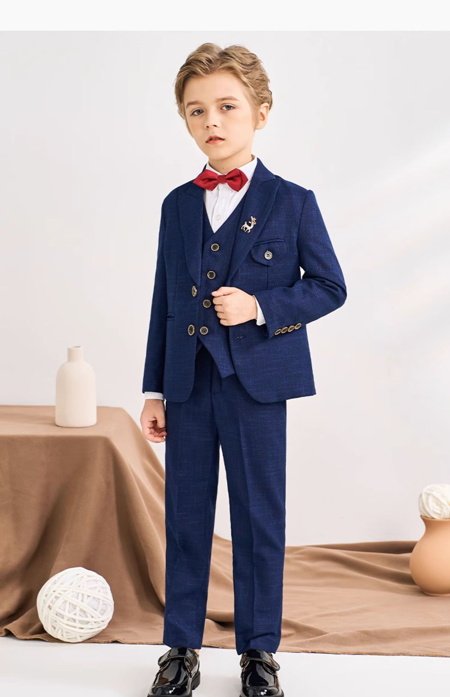 Romon Children's Suit Formal Wear Stylish British Flower Boy Set Boys Navy Blue Honeycomb Fleece Five-Piece Set Size 110 23