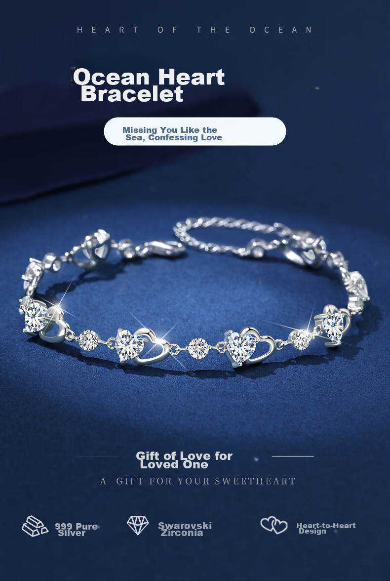GLTEN Swarovski Zirconia Ocean Heart Silver Bracelet for Women, New Jewelry Design, Birthday Gift, Anniversary Present for Girlfriend Or Wife 1